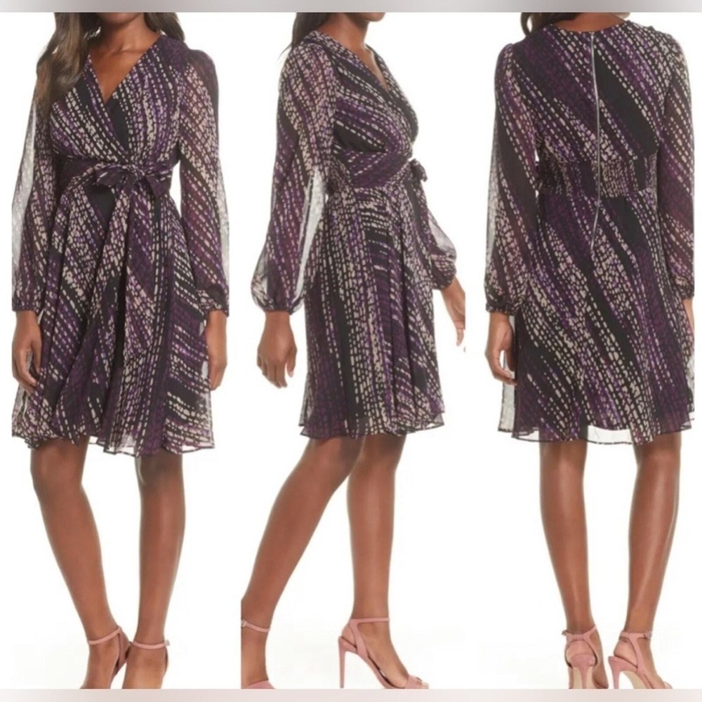Last‎ Chance Maison Tara Purple Black Print Faux Wrap Dress Long Sleeve Size 4